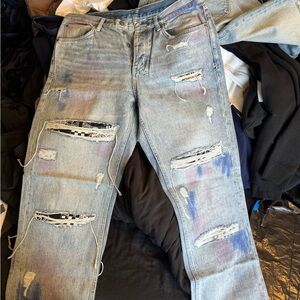 Ksubi Paint Splatter Ripped Jeans w/ Checkerboard Underlay